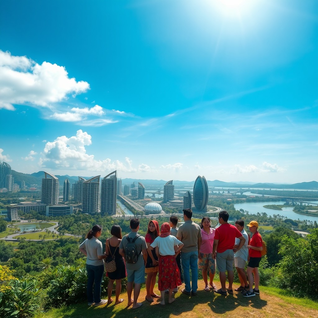 A stunning landscape image of Indonesia's new capital city, Nusantara, emphasizing its role as a symbol of the nation's future