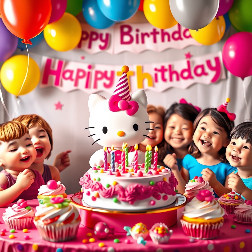 A vibrant and festive birthday scene featuring Hello Kitty