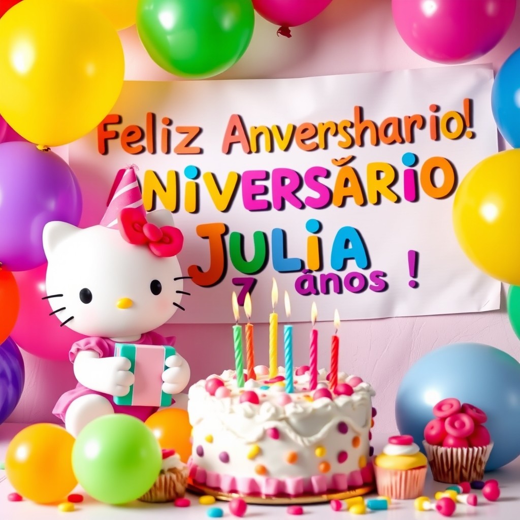 A joyful birthday scene featuring Hello Kitty celebrating Julia's 7th birthday