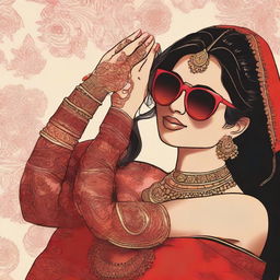 Animated depiction of a South Asian (Desi) girl wearing a vibrant red lehenga and black sunglasses, in the process of having intricate mehndi applied to her hands.