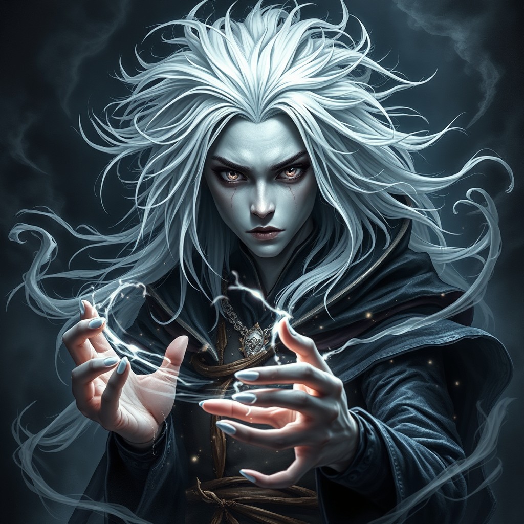 A young androgynous drow aberrant sorcerer, characterized by his striking grey skin, stunning silver eyes, and wild white hair that flows chaotically around him