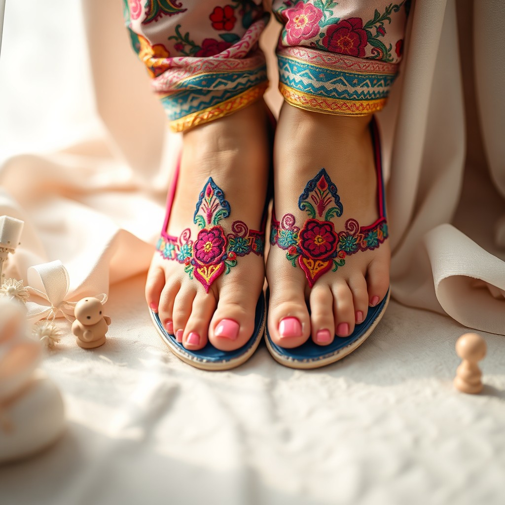 A creative and artistic representation focusing on a pair of beautifully adorned feet wearing colorful, intricately designed hijab footwear