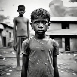 A young boy from the slums, displaying an expression of disappointment and sadness, with the imposing figure of a political leader unemotionally standing in the background.