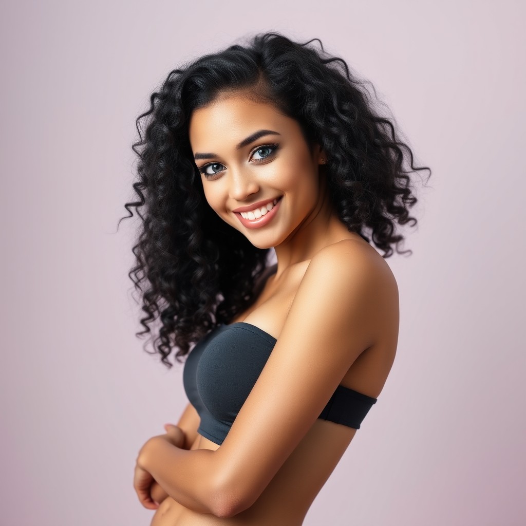 A young, slim white woman with curly black hair and delicate features
