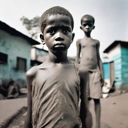 A young boy from the slums, displaying an expression of disappointment and sadness, with the imposing figure of a political leader unemotionally standing in the background.