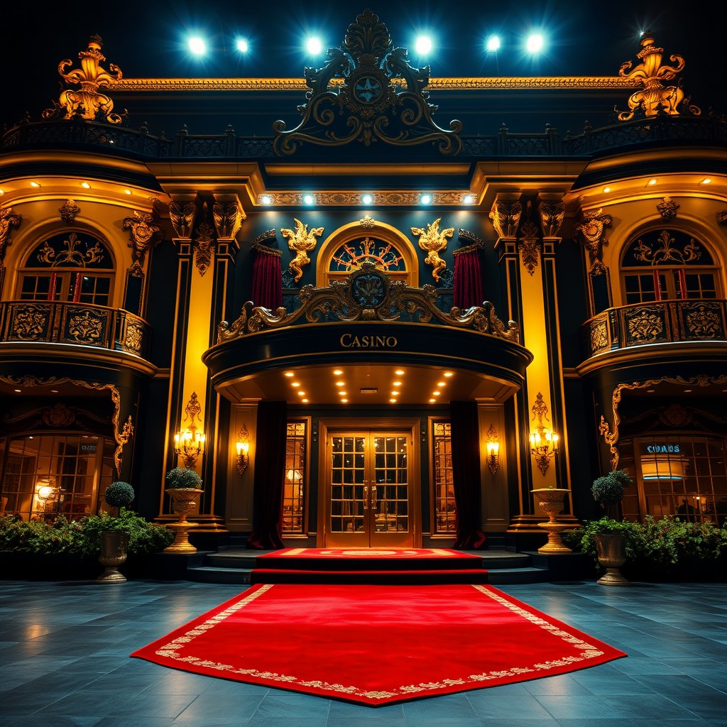 A luxurious casino designed to resemble a royal mansion, featuring an opulent exterior adorned in black and gold accents