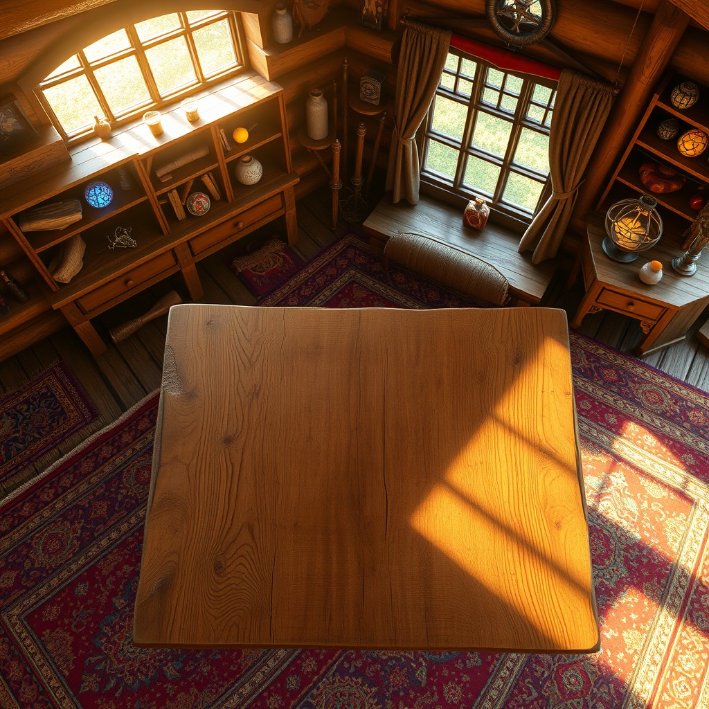 A realistic top-down view of an empty table in a fantasy cabin