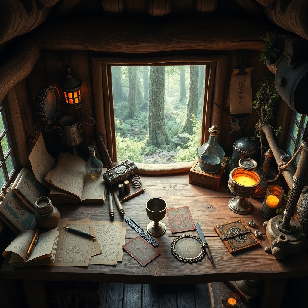 A realistic top-down view of an empty workbench in a fantasy cabin, designed as the base of operations for an adventuring company