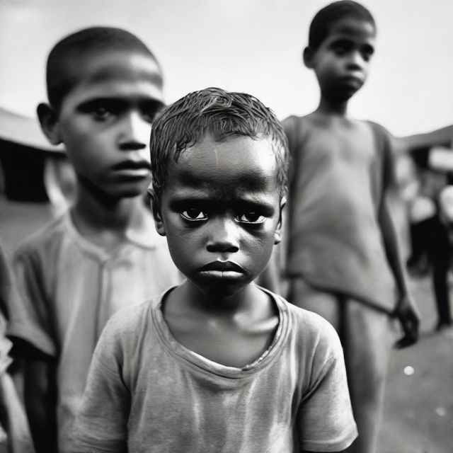 A young boy from the slums, displaying an expression of disappointment and sadness, with the imposing figure of a political leader unemotionally standing in the background.