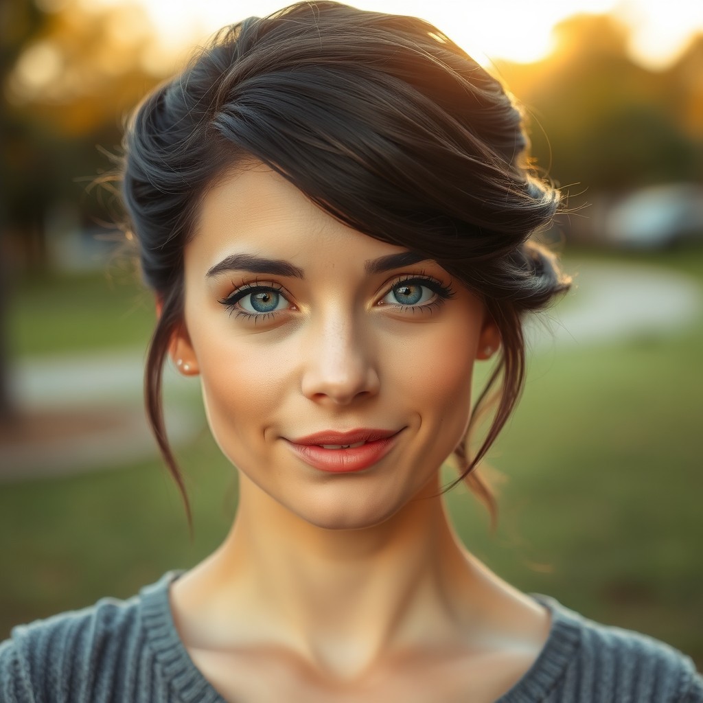 A beautiful 20-year-old woman with soft features and fair skin
