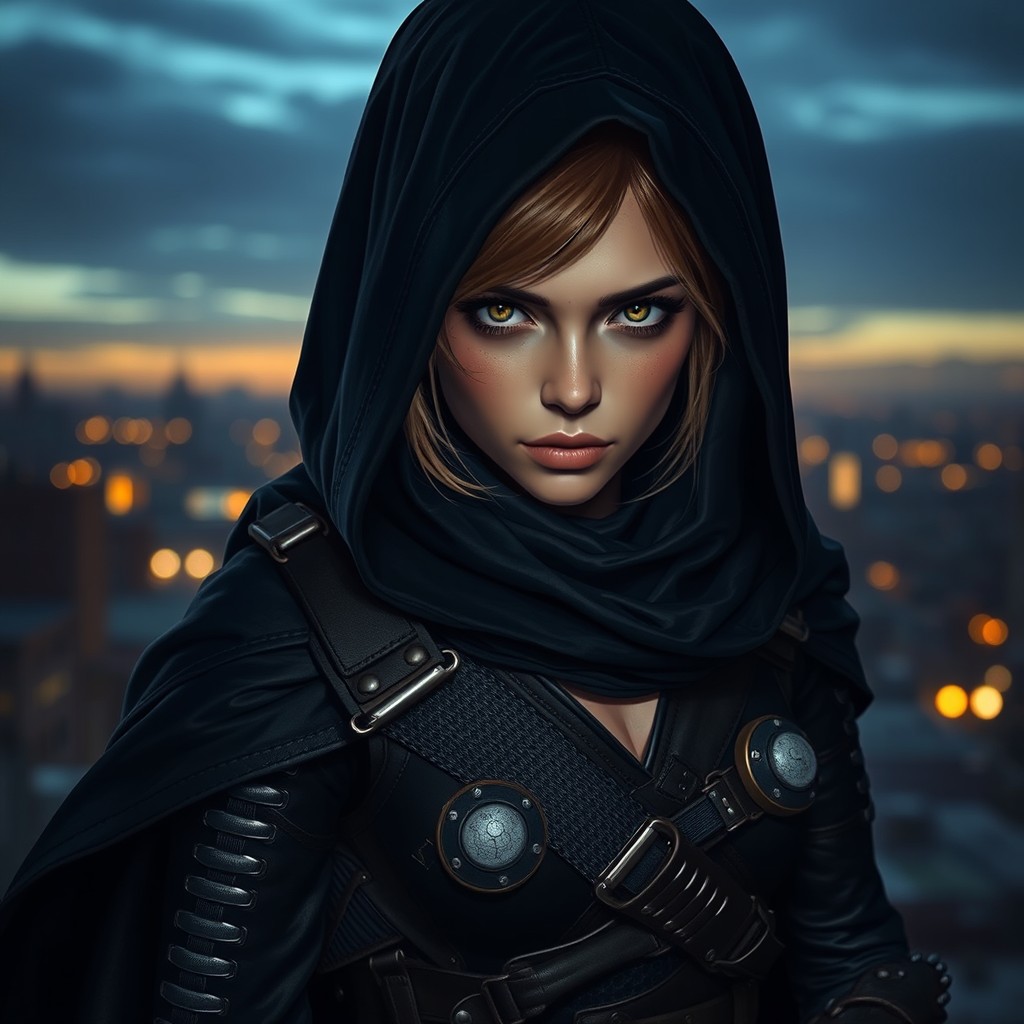 A small, agile female assassin dressed in a dark, flowing hooded cloak, blending into the shadows