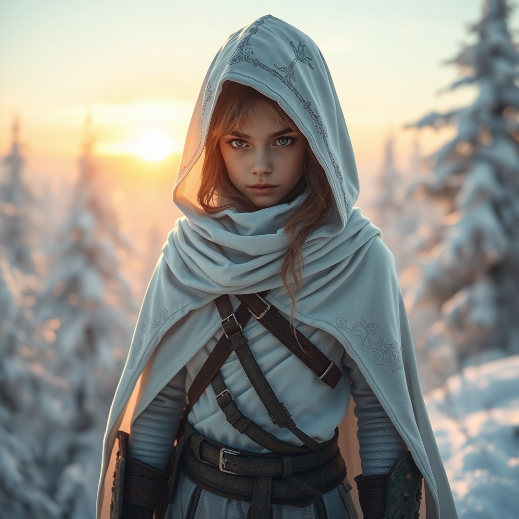 A young female assassin, wearing a white flowing hooded cloak that blends with the snowy landscape around her