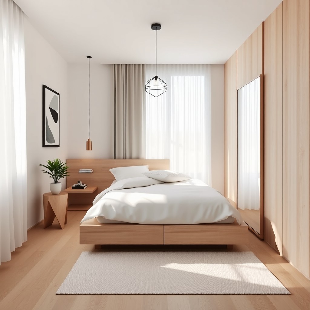 A minimalist bedroom design in a compact 4x4 meter space, featuring a neutral color palette with light wood accents