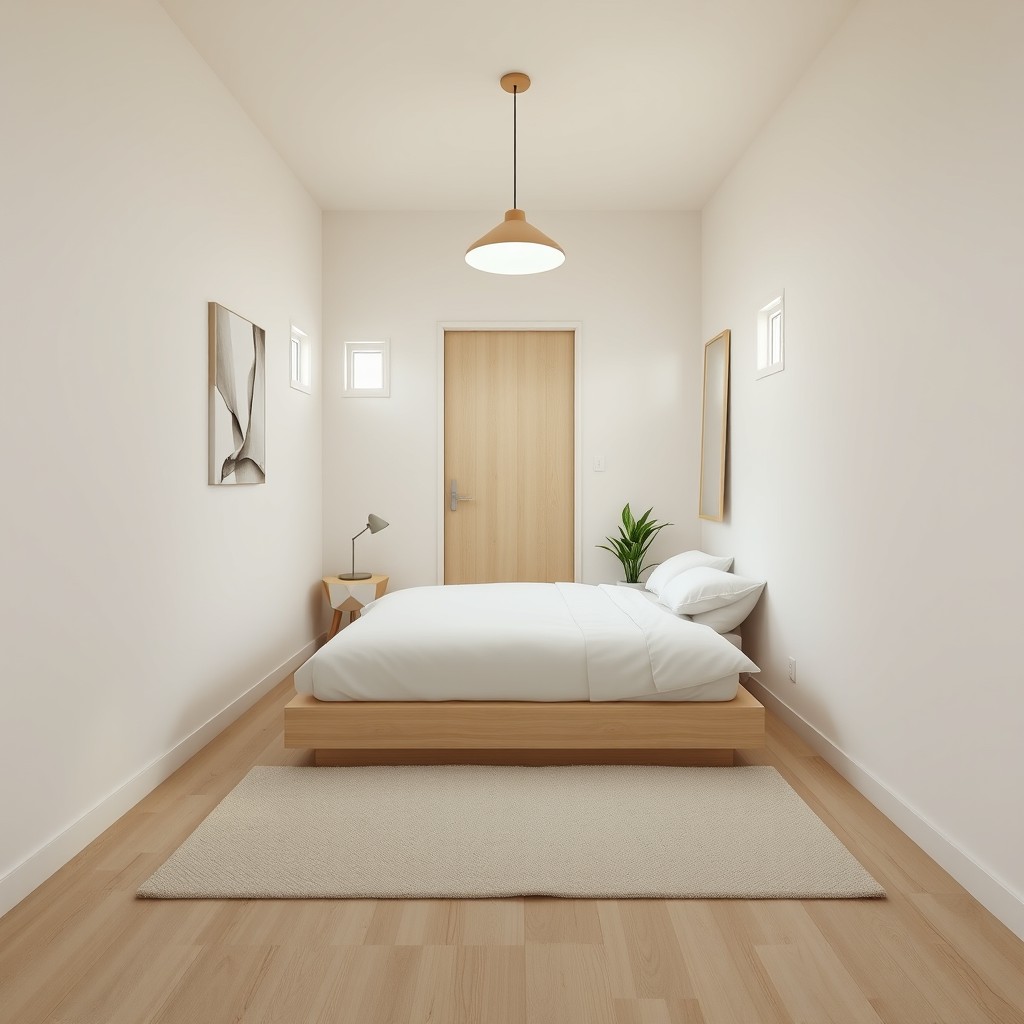 A minimalist bedroom design in a compact 4x4 meter space, featuring a neutral color palette with light wood accents