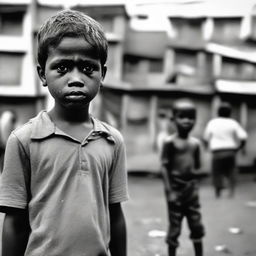 A young boy from the slums, displaying an expression of disappointment and sadness, with the imposing figure of a political leader unemotionally standing in the background.