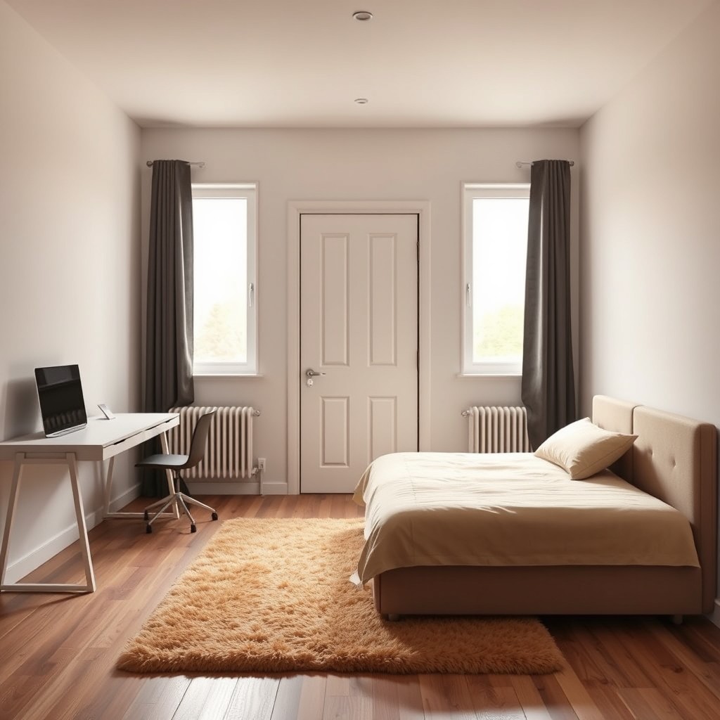 A modern cozy bedroom, 4 meters by 4 meters square