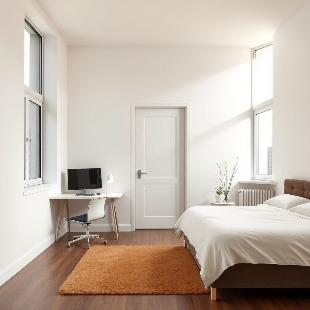 A 4x4 meter modern, cozy square bedroom featuring a wide, open central doorway (approximately 90cm) on the main wall, flanked by two tall, narrow windows (each 60cm wide) that fill the room with natural light