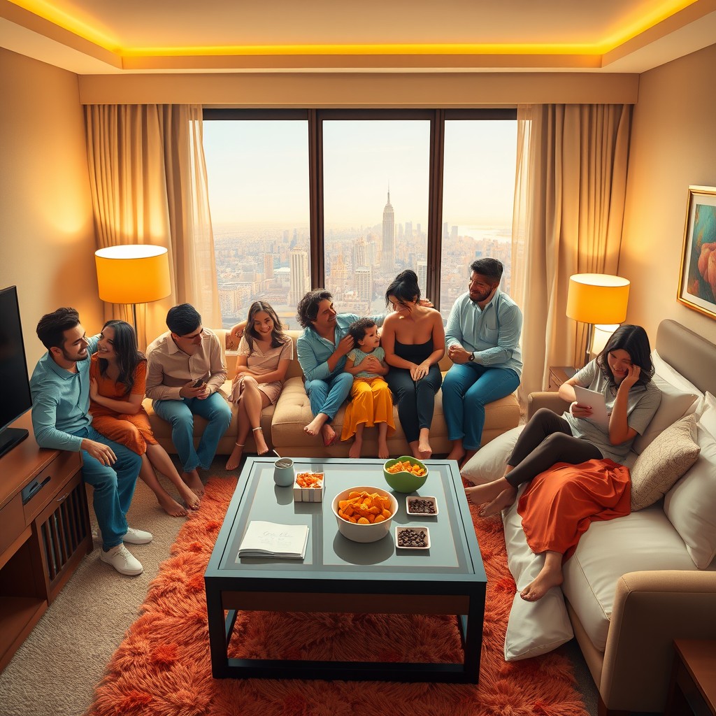 A vibrant and cozy hotel room filled with various couples enjoying their time together