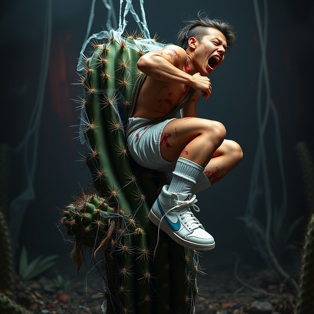 A horror-themed scene featuring a teenage ghostbuster, depicting a blend of fear and danger