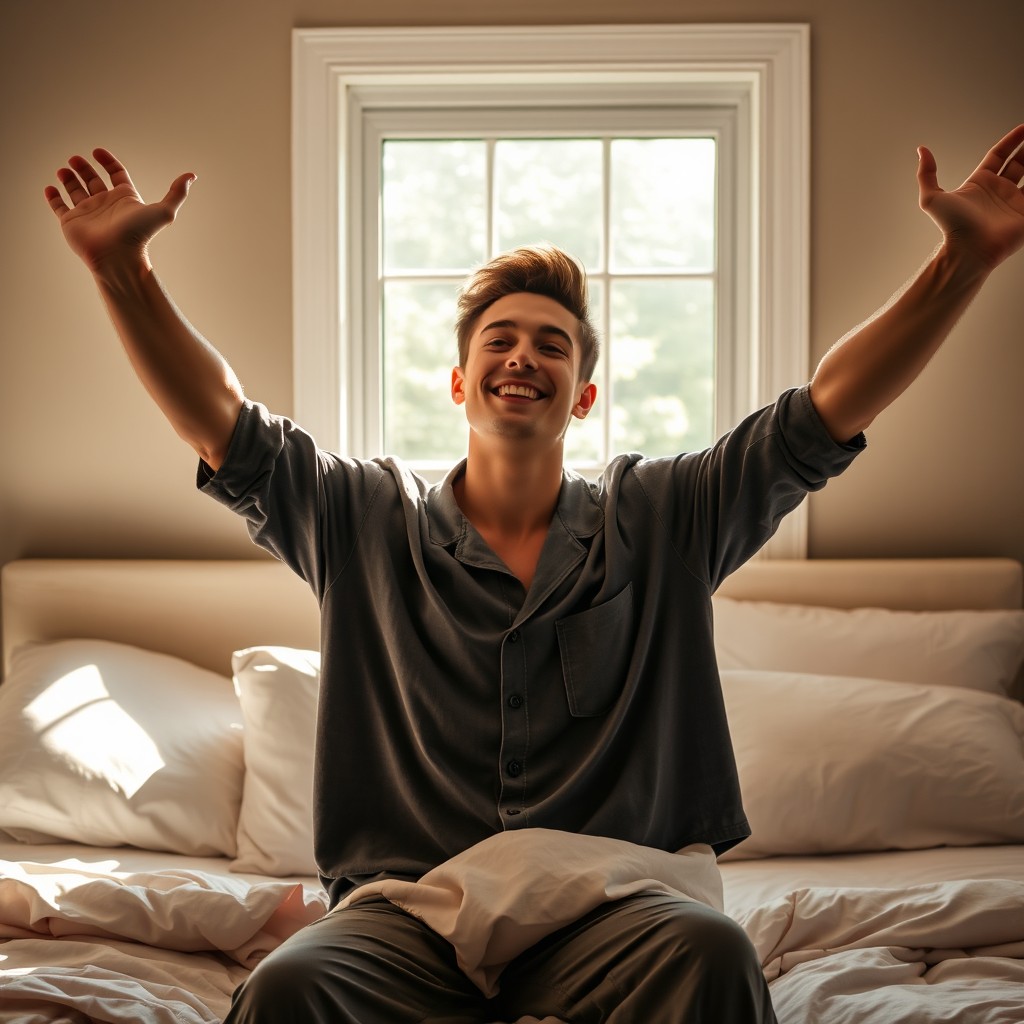 A young man getting out of bed, stretching his arms wide with a smile on his face, sunlight streaming through a window illuminating the room, dressed in comfortable pajamas, with a cozy bedroom background including a neatly made bed, soft pillows, and a gentle atmosphere