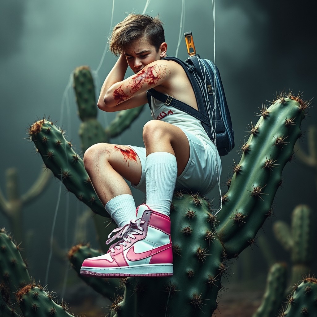 A teen ghostbuster with a distressed expression is riding backwards on a menacing cactus covered in sharp thorns
