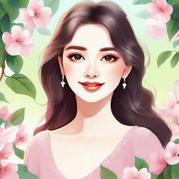 Generate an illustration of a beautiful girl with elegant features, sparkling eyes, a heartwarming smile, wearing a stylish outfit. The setting is a peaceful outdoor park with blooming flowers.