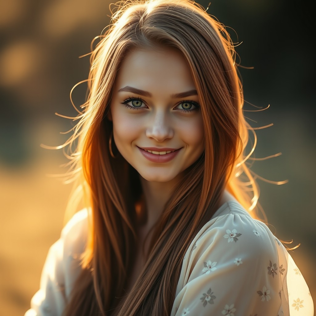 A stunning portrait of a young woman with long, flowing auburn hair, set against a soft, blurred background