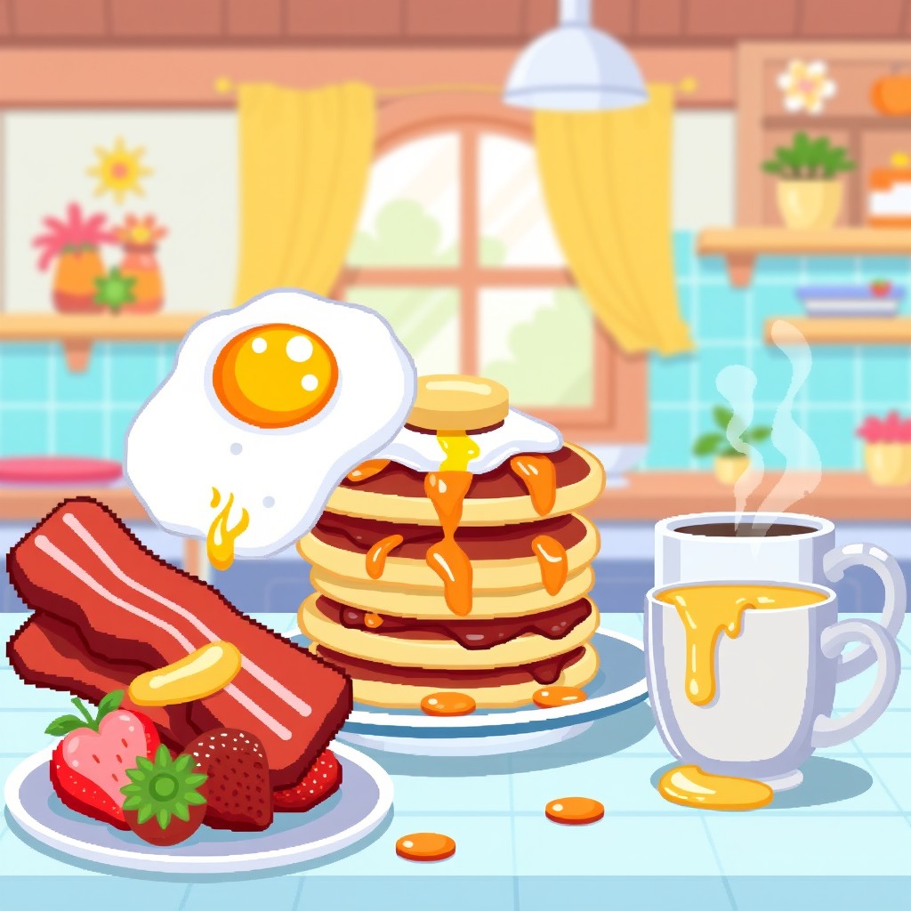 A vibrant and colorful pixel art depiction of a delicious breakfast scene featuring a sunny-side-up egg, crispy bacon, fluffy pancakes stacked high with syrup dripping down, fresh strawberries, and a cup of steaming coffee