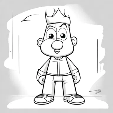 In the cartoon, the artist used simple lines to block out the shape of the main character.