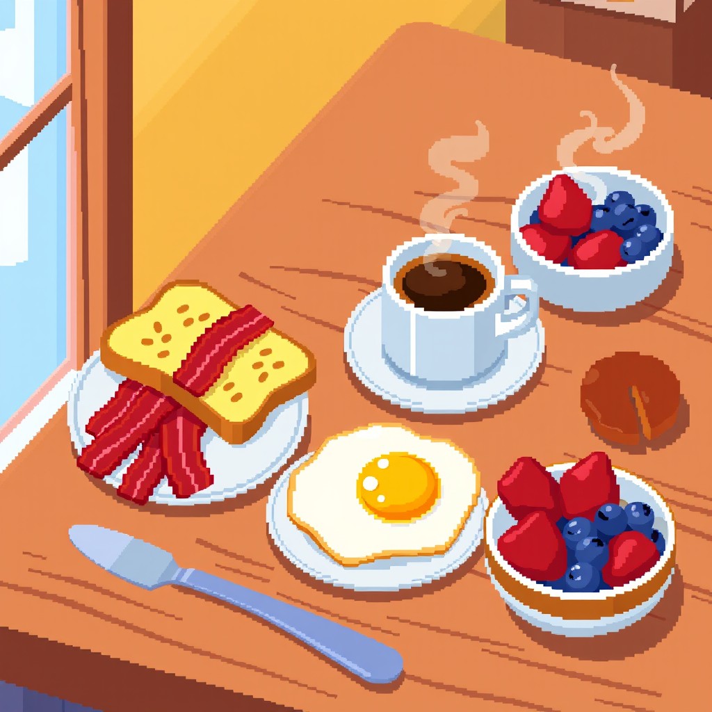 A vibrant pixel art scene depicting a delicious breakfast spread on a wooden table