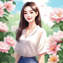 Generate an illustration of a beautiful girl with elegant features, sparkling eyes, a heartwarming smile, wearing a stylish outfit. The setting is a peaceful outdoor park with blooming flowers.