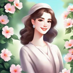 Generate an illustration of a beautiful girl with elegant features, sparkling eyes, a heartwarming smile, wearing a stylish outfit. The setting is a peaceful outdoor park with blooming flowers.