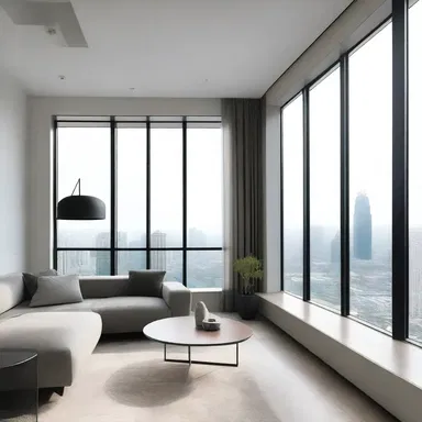 The high-rise building has large tinted windows to block out excessive sunlight and create a comfortable interior environment.