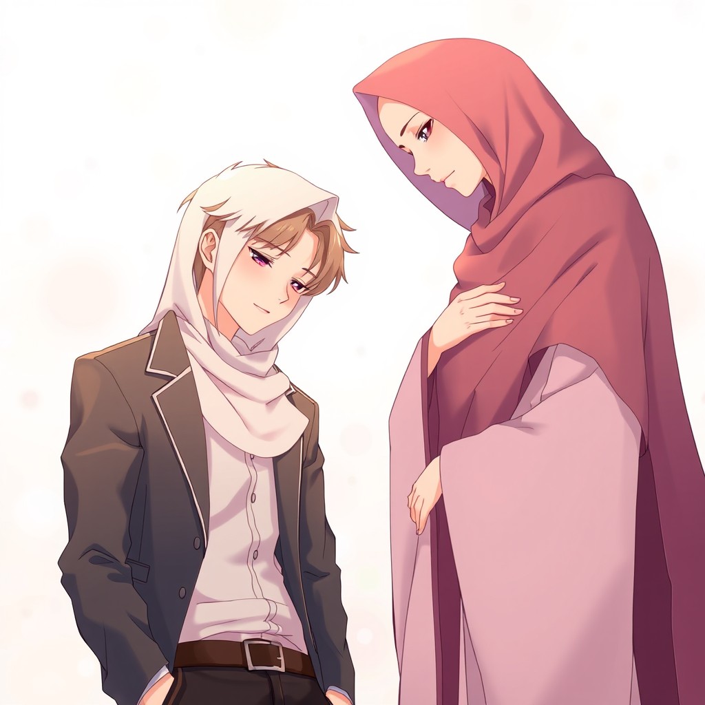 A full-body anime illustration featuring two characters: a male and a female