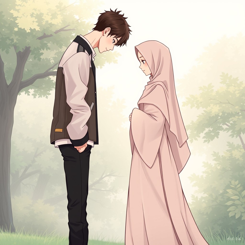 A full-body anime illustration depicting two characters: one male and one female