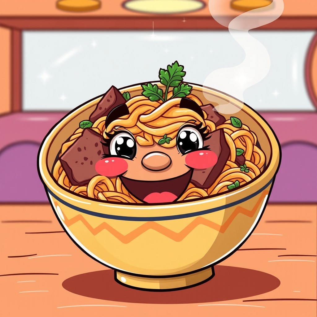 A cartoon-style bowl of beshbarmak, featuring a lively and happy face with sparkling eyes