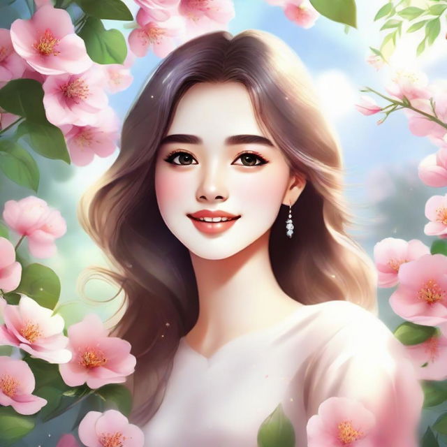 Generate an illustration of a beautiful girl with elegant features, sparkling eyes, a heartwarming smile, wearing a stylish outfit. The setting is a peaceful outdoor park with blooming flowers.