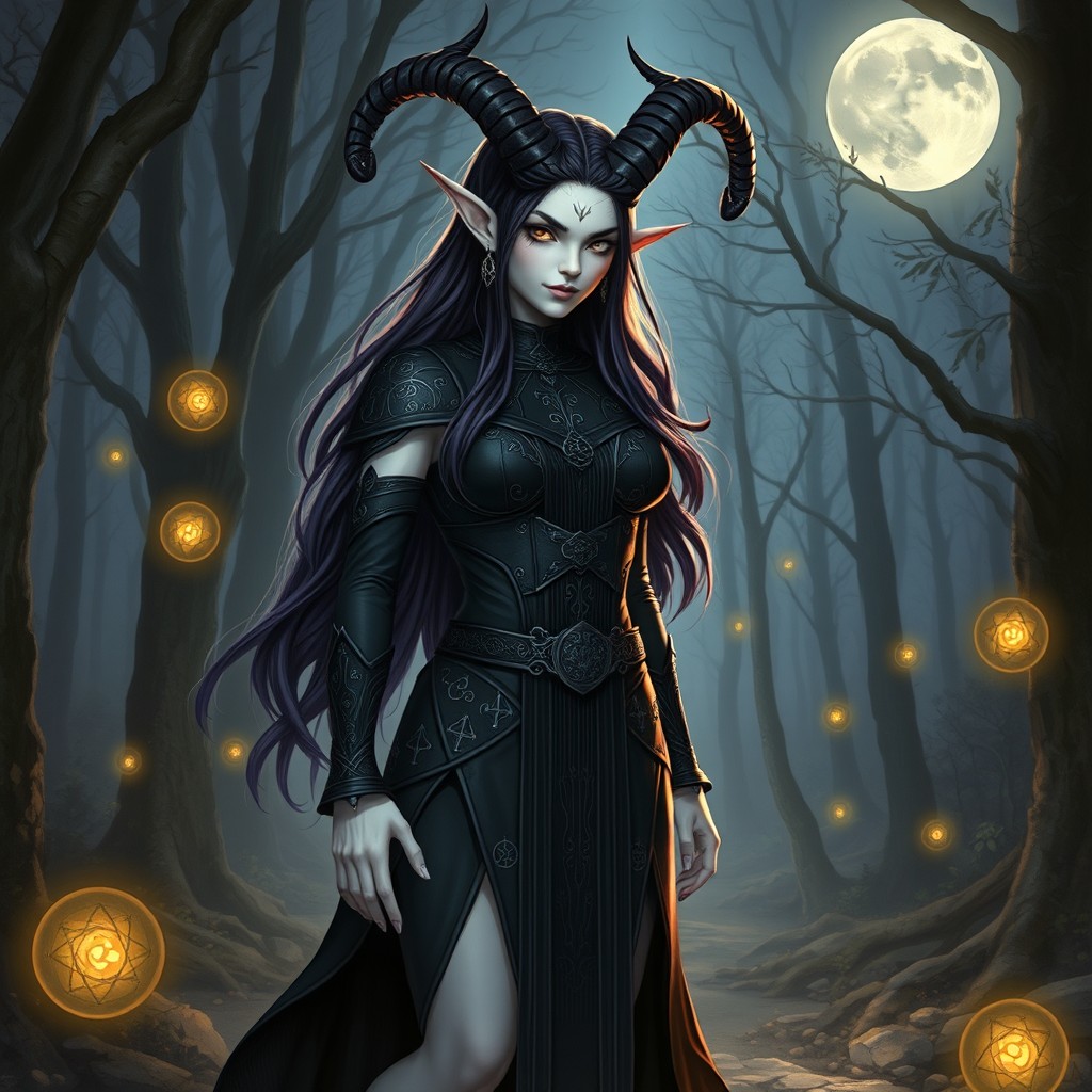 A Tiefling witch standing confidently, wearing an intricate black outfit adorned with mystical symbols and patterns