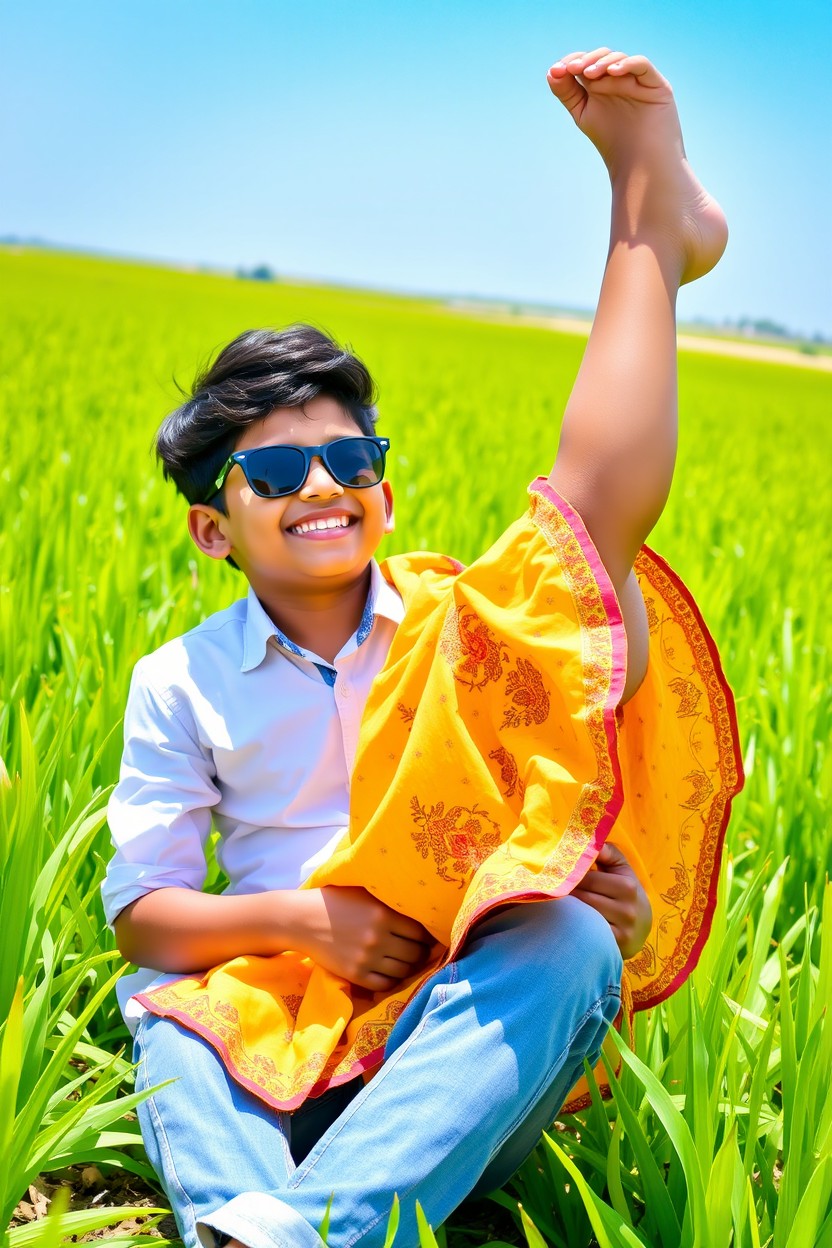 A cute Indian boy and a 16-year-old Indian girl, both wearing sunglasses, are playfully enjoying a sunny day in a vibrant field of paddy plants