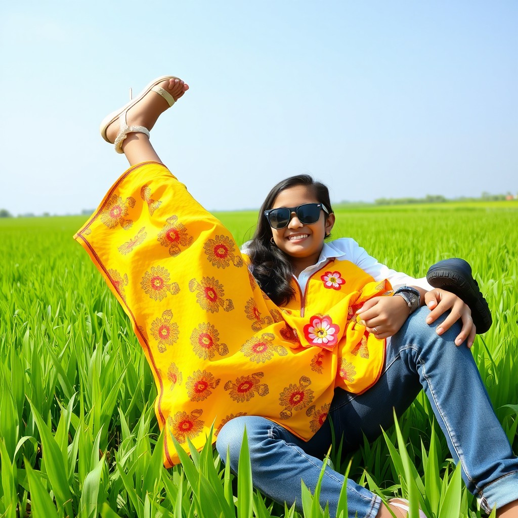A cute Indian boy and a girl, both wearing stylish sunglasses, are playfully posing in a lush paddy field