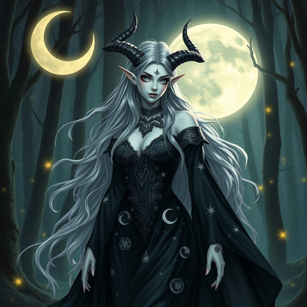 A Tiefling witch known as the Witch of the Moon, standing in a mystical forest under a glowing crescent moon