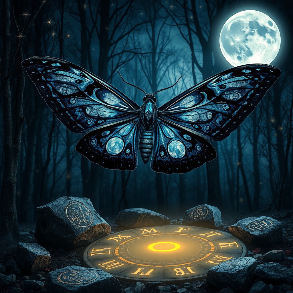 A mesmerizing moth with intricate lunar patterns on its wings, hovering gracefully in a mystical forest setting