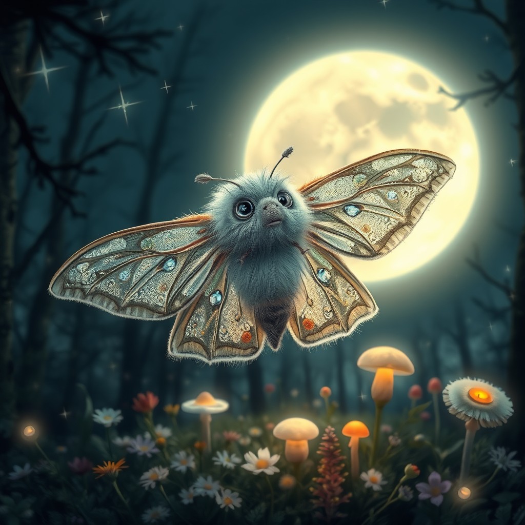 A fuzzy, endearing moth with soft, velvety fur and delicate, moonlit patterns on its wings, captured in a mystical forest scene