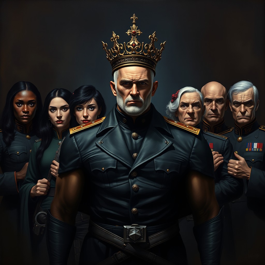 In a dark fantasy gothic painting style, depict a shadowy faction featuring eight officers in uniform: a strong black woman with a determined expression, a fair-skinned woman with sleek black hair, a fair-skinned woman with wavy white hair, two Polish men in traditional attire, and three American men in military uniforms