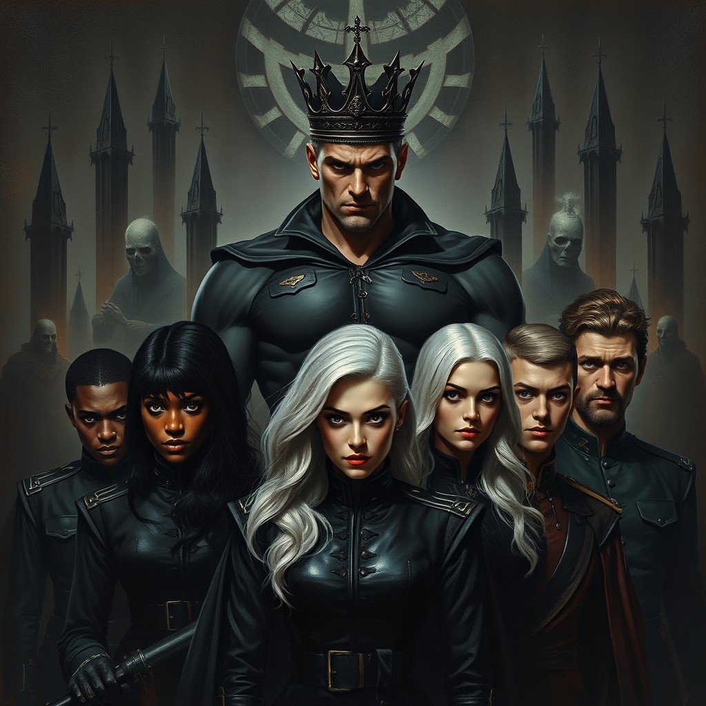 A dark fantasy gothic painting featuring a sinister scene of a shadowy faction