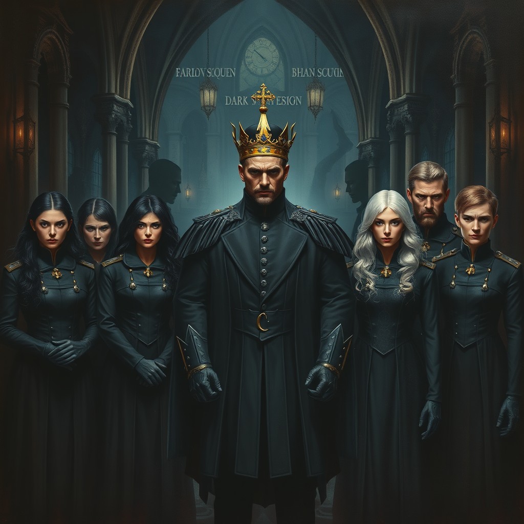 A captivating dark fantasy gothic painting depicting a shadowy faction