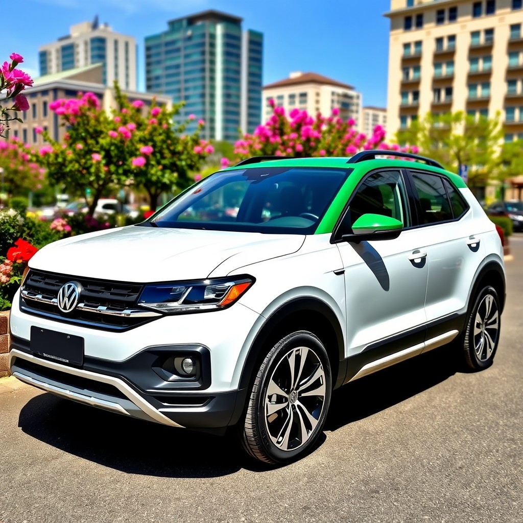 A modern white Volkswagen T-Cross featuring a striking dark green roof, showcased in a picturesque urban environment