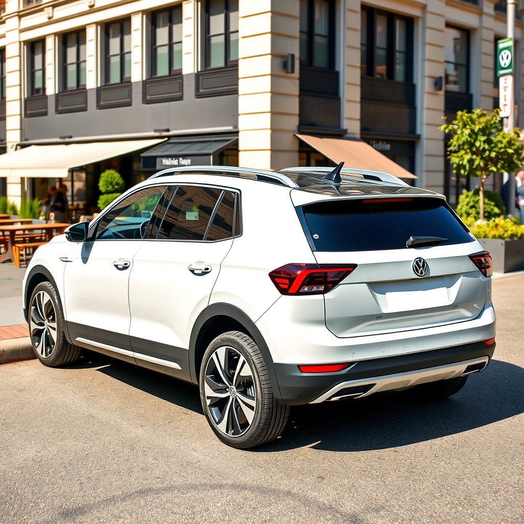 A contemporary white Volkswagen T-Cross featuring an elegant gray roof, parked in a chic urban environment
