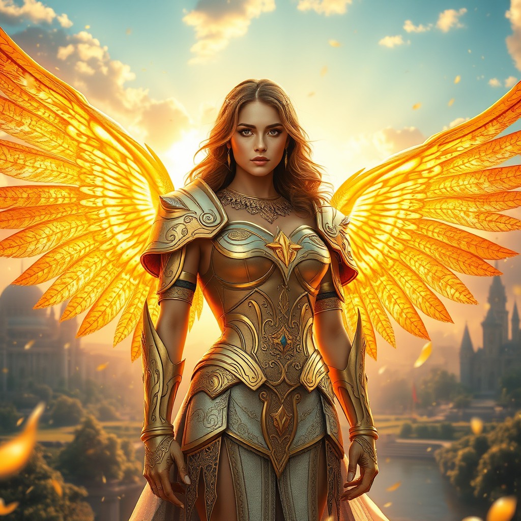 A captivating woman warrior angel standing majestically in a beautiful kingdom