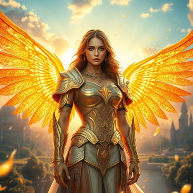 A captivating woman warrior angel standing majestically in a beautiful kingdom